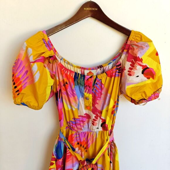 Farm Rio Neon Macaws Maxi Dress Size XS Colorful Off The Shoulder Beaded Belt - Picture 5 of 14